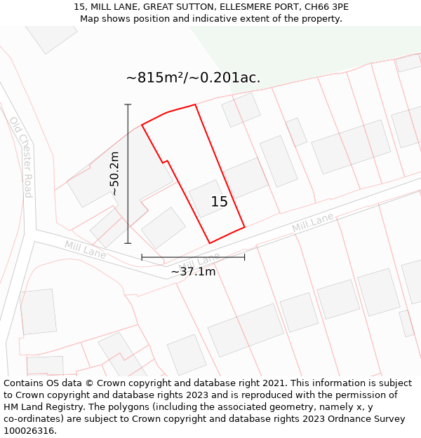 15, MILL LANE, GREAT SUTTON, ELLESMERE PORT, CH66 3PE: Plot and title map