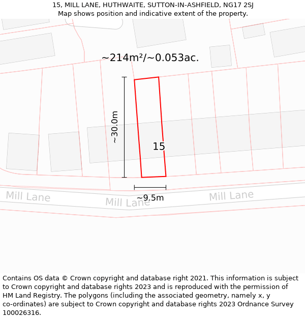 15, MILL LANE, HUTHWAITE, SUTTON-IN-ASHFIELD, NG17 2SJ: Plot and title map