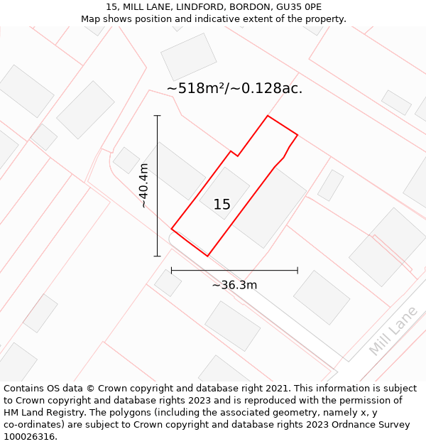 15, MILL LANE, LINDFORD, BORDON, GU35 0PE: Plot and title map