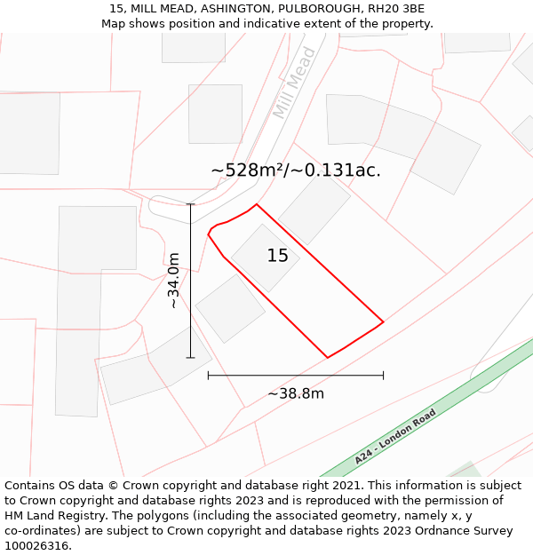 15, MILL MEAD, ASHINGTON, PULBOROUGH, RH20 3BE: Plot and title map