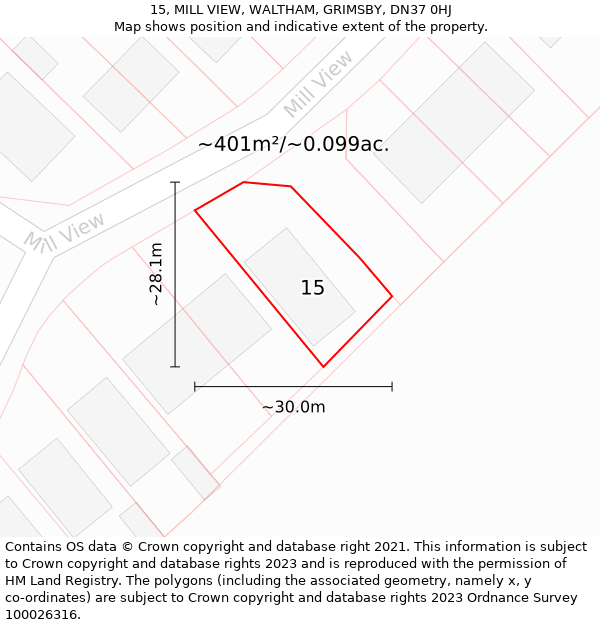 15, MILL VIEW, WALTHAM, GRIMSBY, DN37 0HJ: Plot and title map