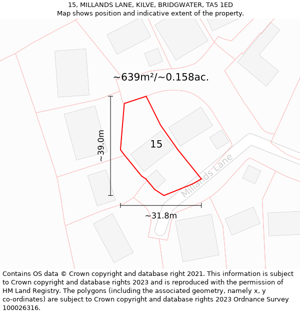 15, MILLANDS LANE, KILVE, BRIDGWATER, TA5 1ED: Plot and title map