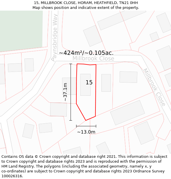 15, MILLBROOK CLOSE, HORAM, HEATHFIELD, TN21 0HH: Plot and title map