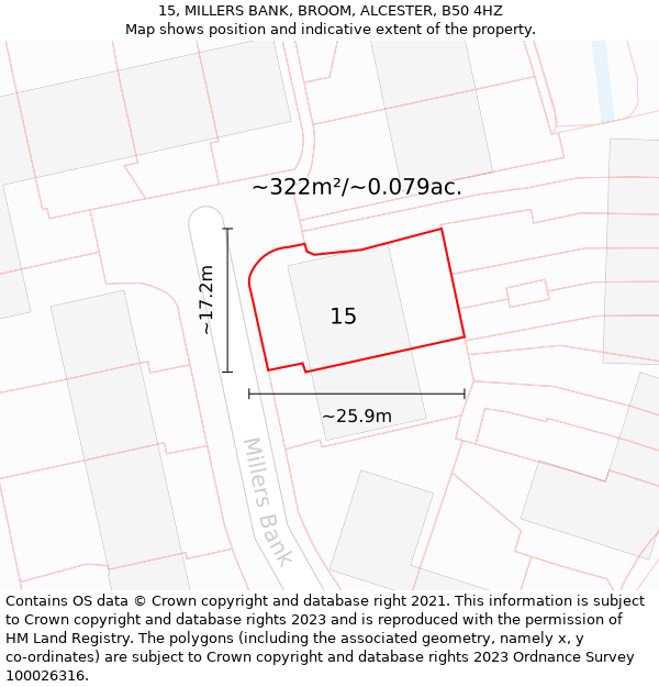 15, MILLERS BANK, BROOM, ALCESTER, B50 4HZ: Plot and title map