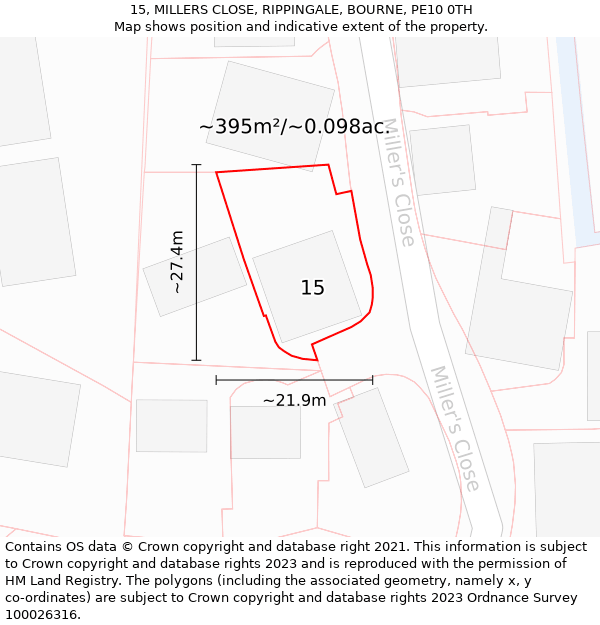15, MILLERS CLOSE, RIPPINGALE, BOURNE, PE10 0TH: Plot and title map