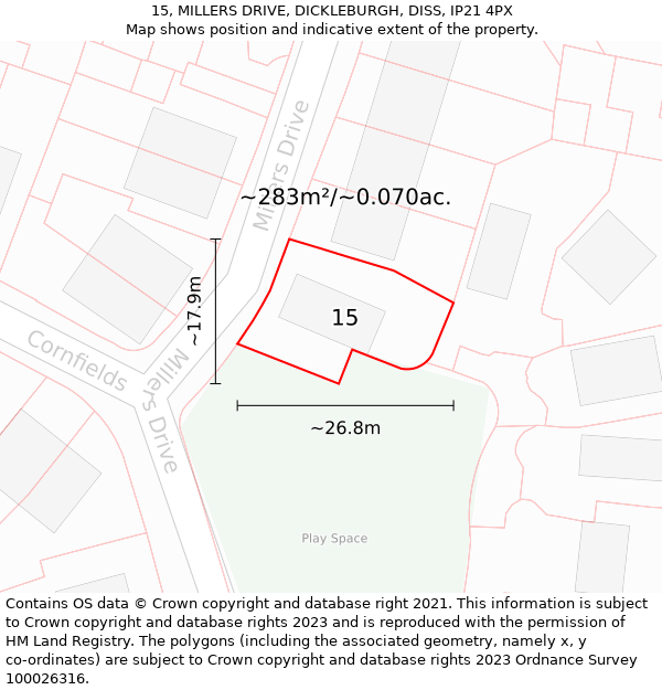 15, MILLERS DRIVE, DICKLEBURGH, DISS, IP21 4PX: Plot and title map