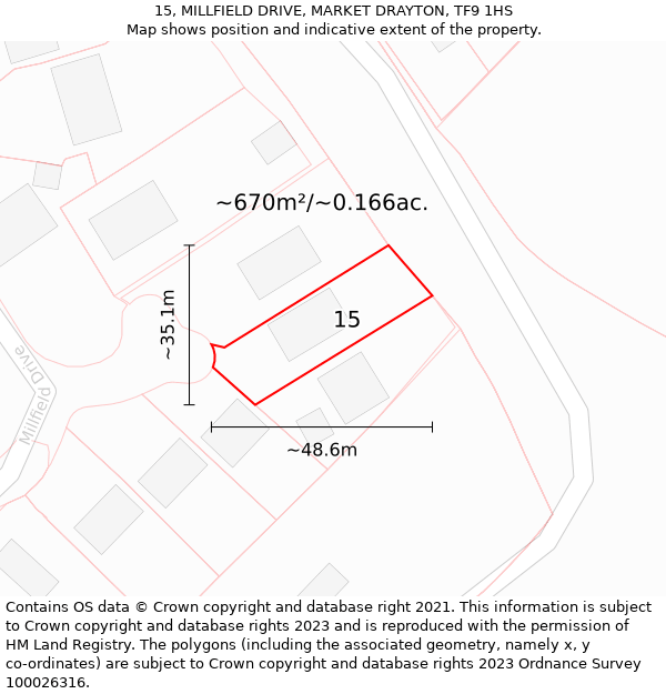 15, MILLFIELD DRIVE, MARKET DRAYTON, TF9 1HS: Plot and title map