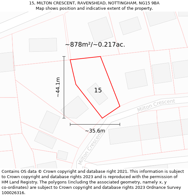 15, MILTON CRESCENT, RAVENSHEAD, NOTTINGHAM, NG15 9BA: Plot and title map