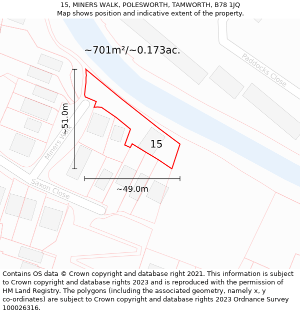 15, MINERS WALK, POLESWORTH, TAMWORTH, B78 1JQ: Plot and title map