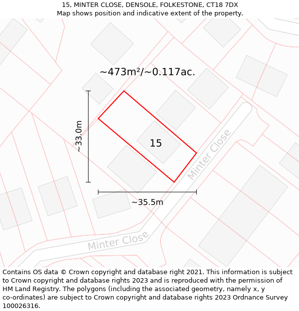 15, MINTER CLOSE, DENSOLE, FOLKESTONE, CT18 7DX: Plot and title map