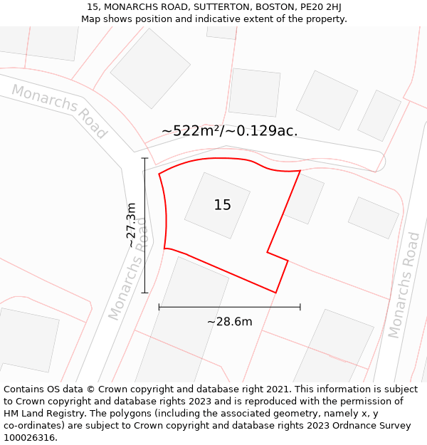 15, MONARCHS ROAD, SUTTERTON, BOSTON, PE20 2HJ: Plot and title map