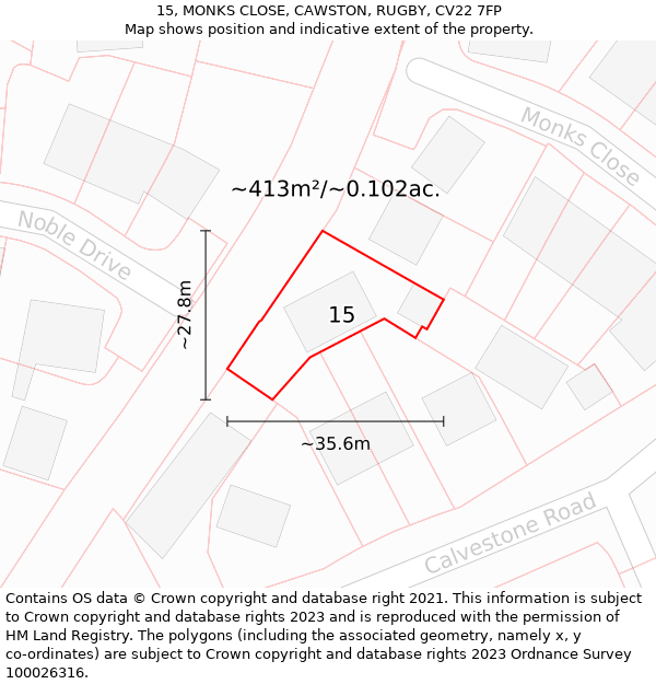 15, MONKS CLOSE, CAWSTON, RUGBY, CV22 7FP: Plot and title map