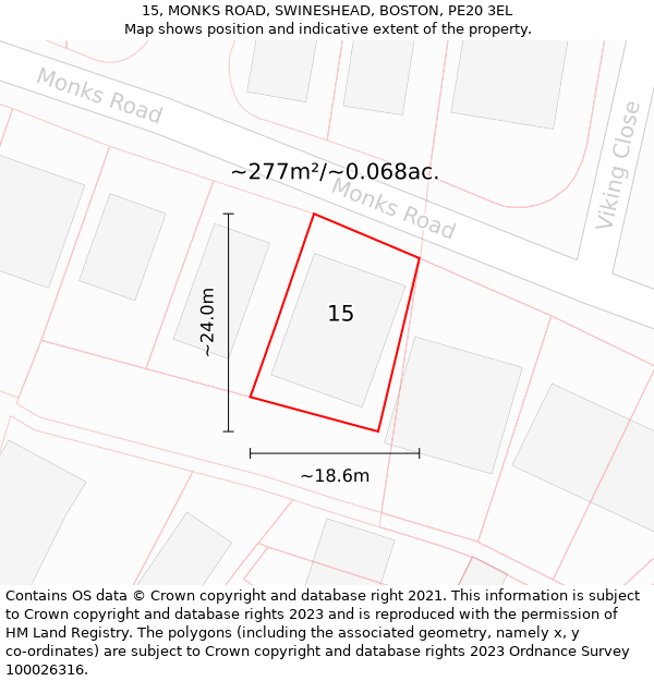 15, MONKS ROAD, SWINESHEAD, BOSTON, PE20 3EL: Plot and title map