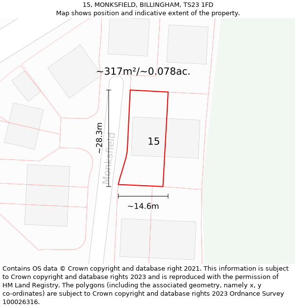 15, MONKSFIELD, BILLINGHAM, TS23 1FD: Plot and title map