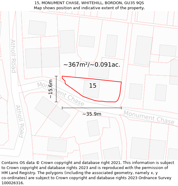 15, MONUMENT CHASE, WHITEHILL, BORDON, GU35 9QS: Plot and title map