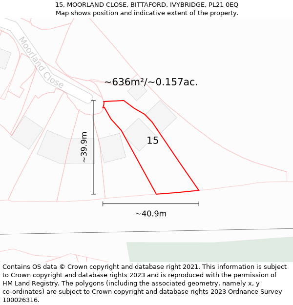 15, MOORLAND CLOSE, BITTAFORD, IVYBRIDGE, PL21 0EQ: Plot and title map