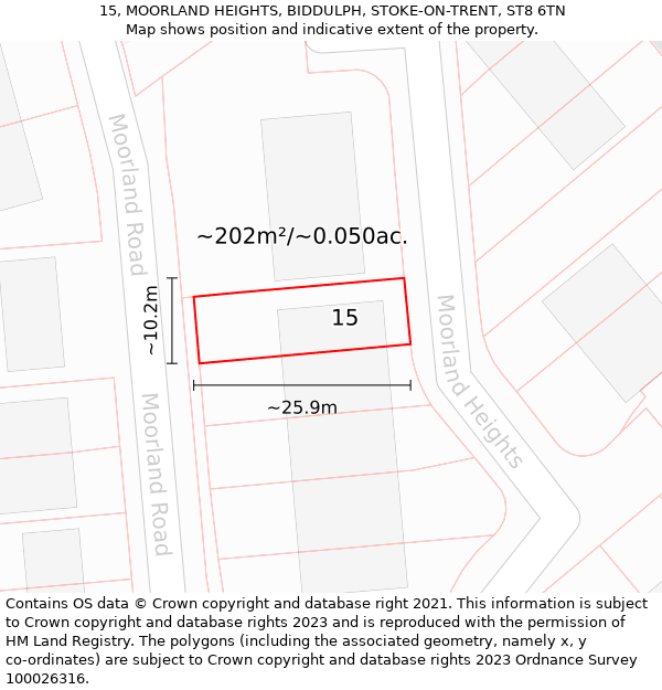 15, MOORLAND HEIGHTS, BIDDULPH, STOKE-ON-TRENT, ST8 6TN: Plot and title map