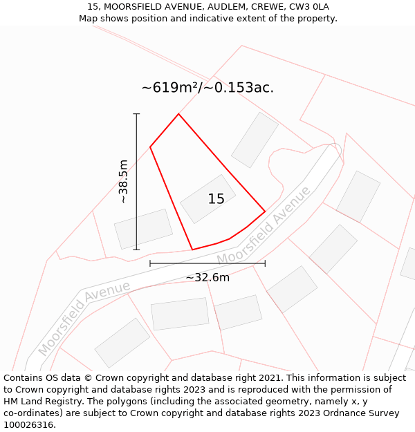 15, MOORSFIELD AVENUE, AUDLEM, CREWE, CW3 0LA: Plot and title map