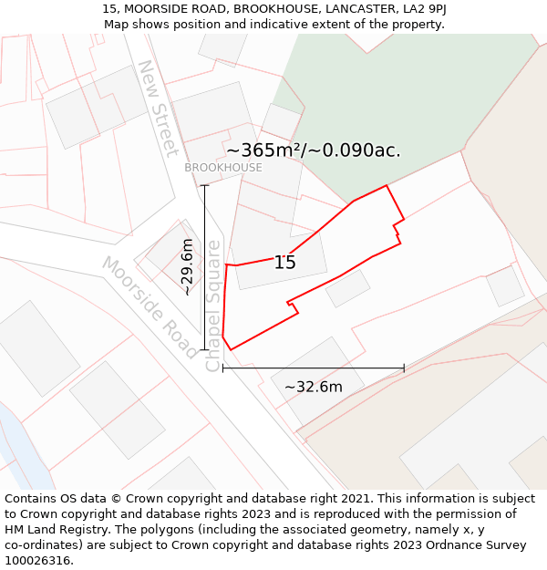 15, MOORSIDE ROAD, BROOKHOUSE, LANCASTER, LA2 9PJ: Plot and title map