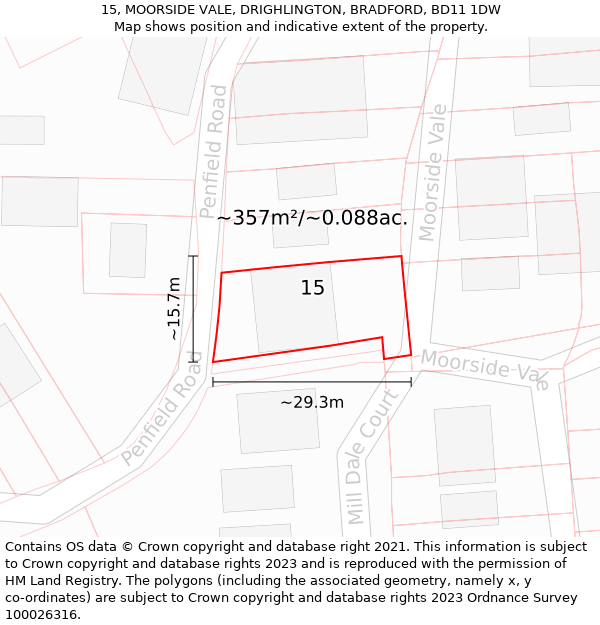 15, MOORSIDE VALE, DRIGHLINGTON, BRADFORD, BD11 1DW: Plot and title map