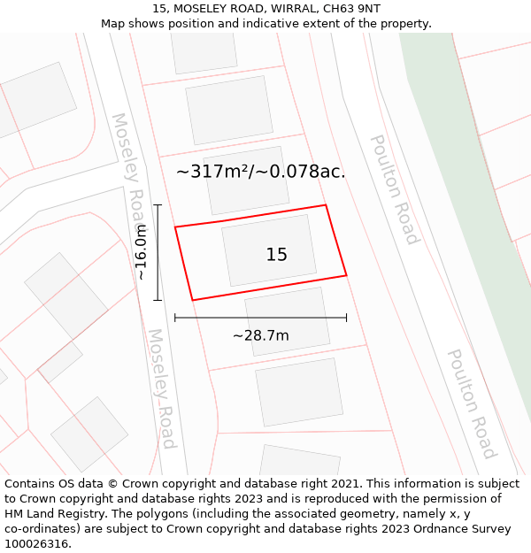 15, MOSELEY ROAD, WIRRAL, CH63 9NT: Plot and title map