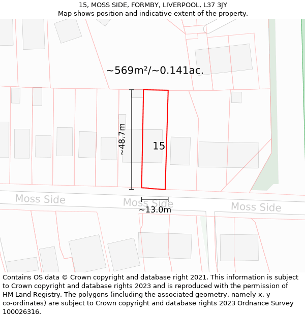 15, MOSS SIDE, FORMBY, LIVERPOOL, L37 3JY: Plot and title map