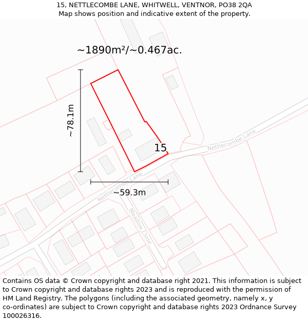 15, NETTLECOMBE LANE, WHITWELL, VENTNOR, PO38 2QA: Plot and title map