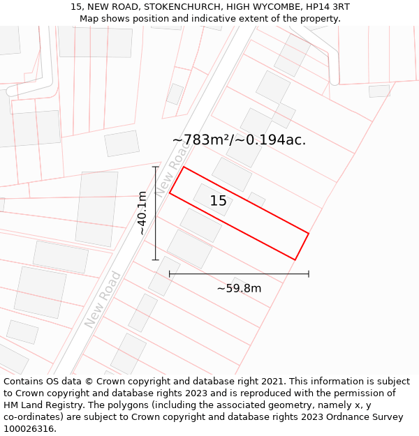 15, NEW ROAD, STOKENCHURCH, HIGH WYCOMBE, HP14 3RT: Plot and title map