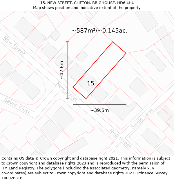 15, NEW STREET, CLIFTON, BRIGHOUSE, HD6 4HU: Plot and title map