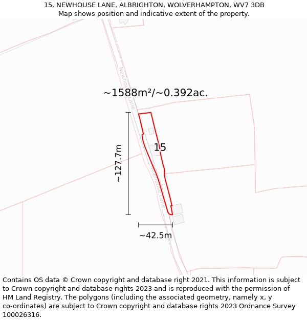 15, NEWHOUSE LANE, ALBRIGHTON, WOLVERHAMPTON, WV7 3DB: Plot and title map