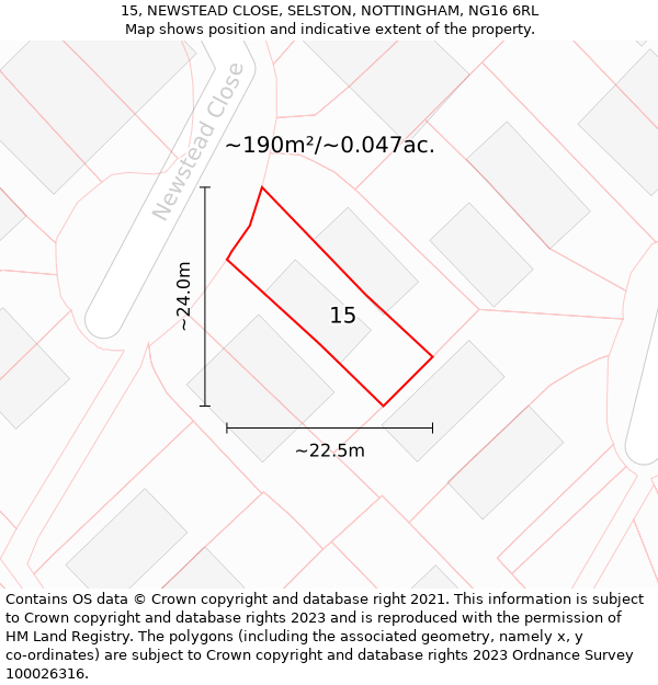 15, NEWSTEAD CLOSE, SELSTON, NOTTINGHAM, NG16 6RL: Plot and title map