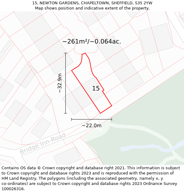 15, NEWTON GARDENS, CHAPELTOWN, SHEFFIELD, S35 2YW: Plot and title map