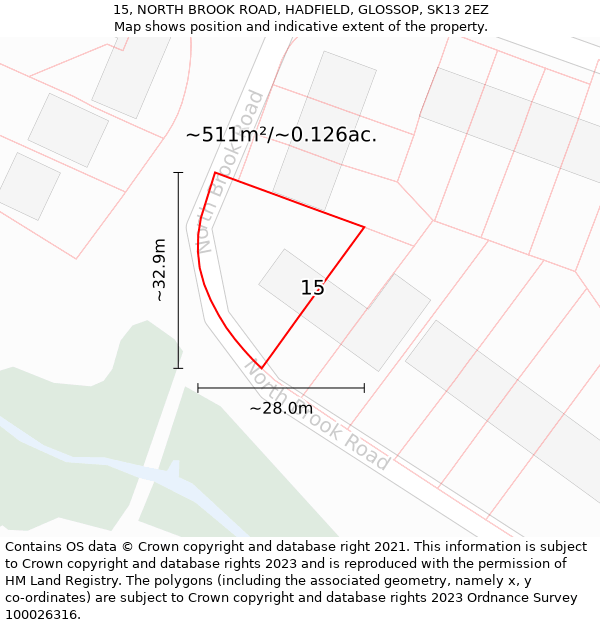 15, NORTH BROOK ROAD, HADFIELD, GLOSSOP, SK13 2EZ: Plot and title map