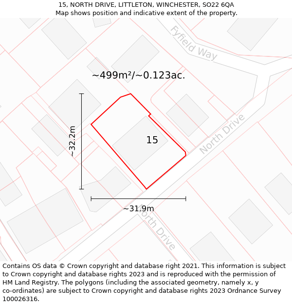 15, NORTH DRIVE, LITTLETON, WINCHESTER, SO22 6QA: Plot and title map