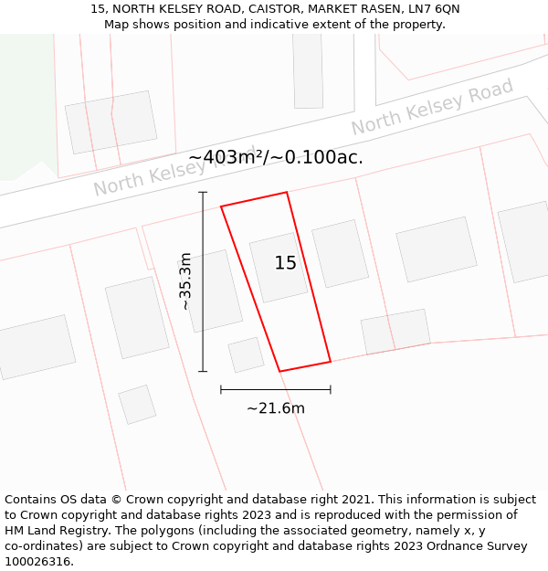 15, NORTH KELSEY ROAD, CAISTOR, MARKET RASEN, LN7 6QN: Plot and title map