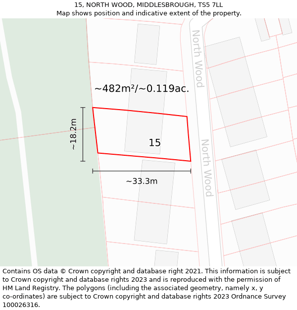 15, NORTH WOOD, MIDDLESBROUGH, TS5 7LL: Plot and title map