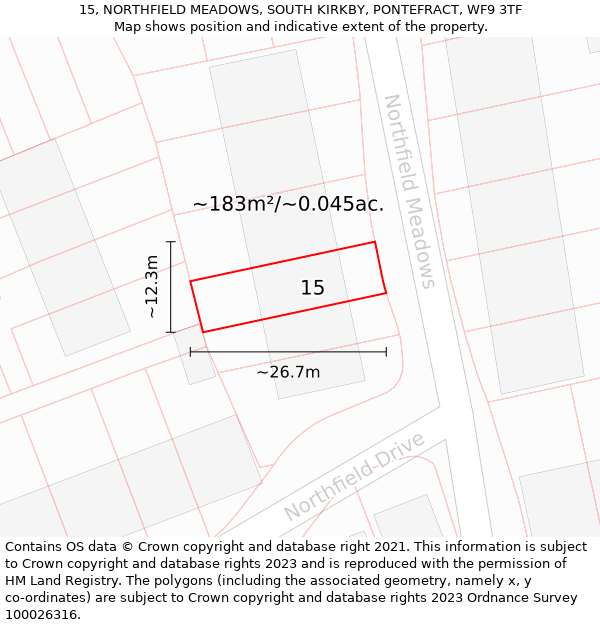 15, NORTHFIELD MEADOWS, SOUTH KIRKBY, PONTEFRACT, WF9 3TF: Plot and title map