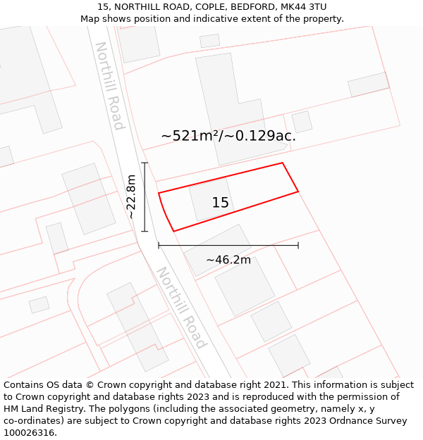 15, NORTHILL ROAD, COPLE, BEDFORD, MK44 3TU: Plot and title map