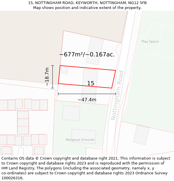 15, NOTTINGHAM ROAD, KEYWORTH, NOTTINGHAM, NG12 5FB: Plot and title map