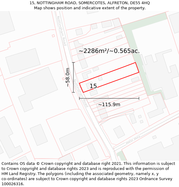 15, NOTTINGHAM ROAD, SOMERCOTES, ALFRETON, DE55 4HQ: Plot and title map