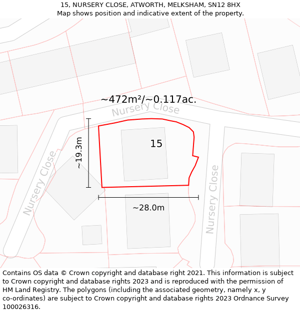 15, NURSERY CLOSE, ATWORTH, MELKSHAM, SN12 8HX: Plot and title map