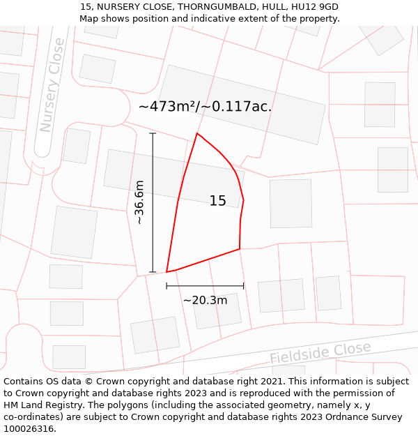 15, NURSERY CLOSE, THORNGUMBALD, HULL, HU12 9GD: Plot and title map