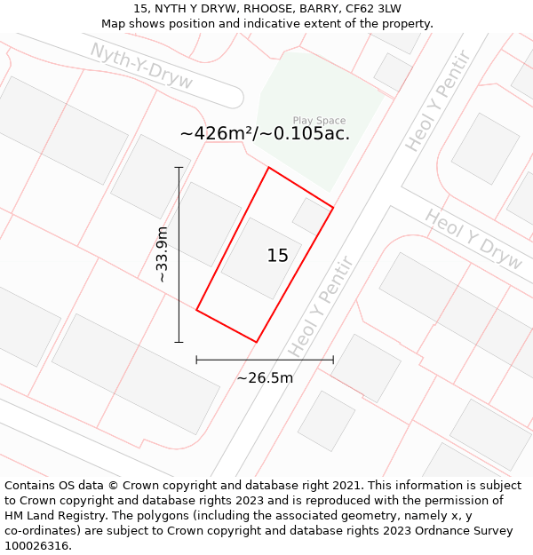 15, NYTH Y DRYW, RHOOSE, BARRY, CF62 3LW: Plot and title map