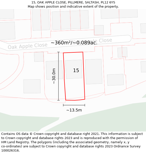 15, OAK APPLE CLOSE, PILLMERE, SALTASH, PL12 6YS: Plot and title map