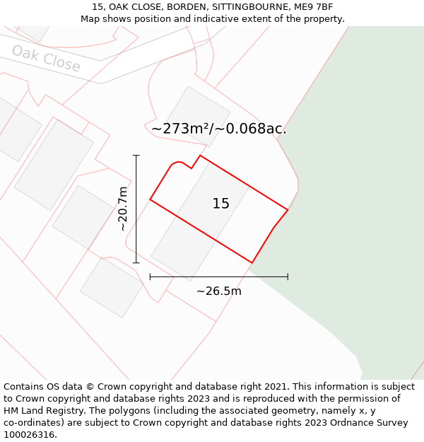 15, OAK CLOSE, BORDEN, SITTINGBOURNE, ME9 7BF: Plot and title map