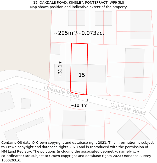 15, OAKDALE ROAD, KINSLEY, PONTEFRACT, WF9 5LS: Plot and title map