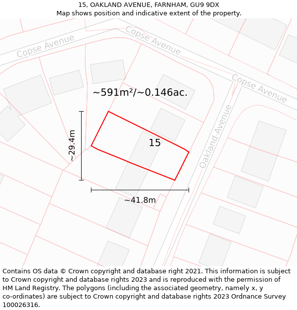 15, OAKLAND AVENUE, FARNHAM, GU9 9DX: Plot and title map