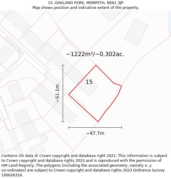 15, OAKLAND PARK, MORPETH, NE61 3JP: Plot and title map