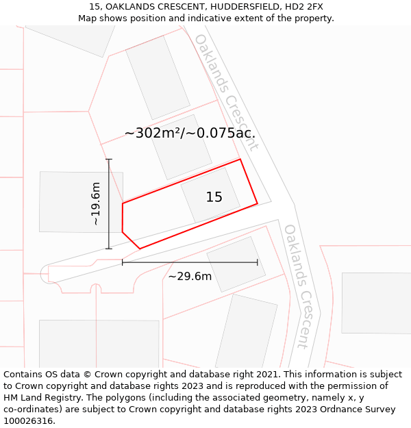 15, OAKLANDS CRESCENT, HUDDERSFIELD, HD2 2FX: Plot and title map