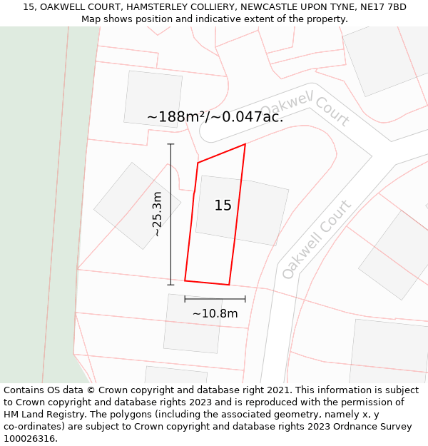 15, OAKWELL COURT, HAMSTERLEY COLLIERY, NEWCASTLE UPON TYNE, NE17 7BD: Plot and title map